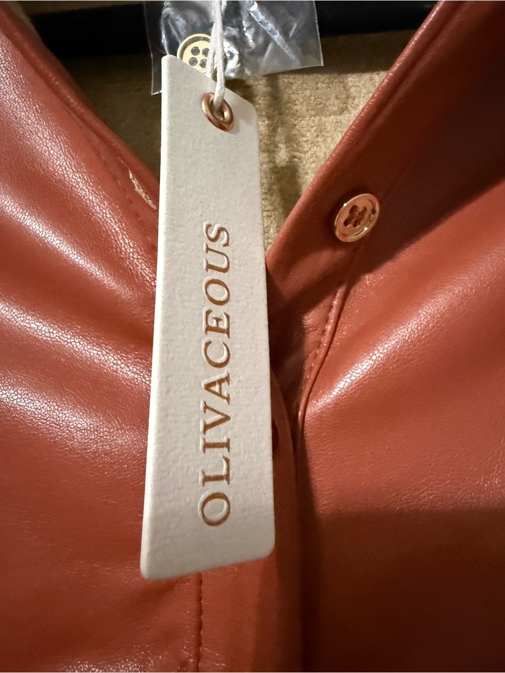 Olivaceous NWT Button- Front Ruched Faux Leather Shirt Dress - M - Picture 4 of 7